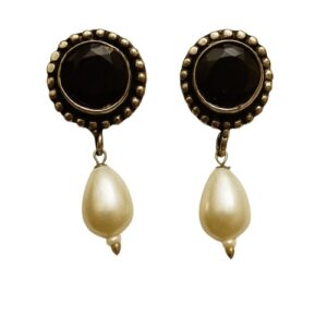 Elegant Black Stone & Pearl Drop Earrings