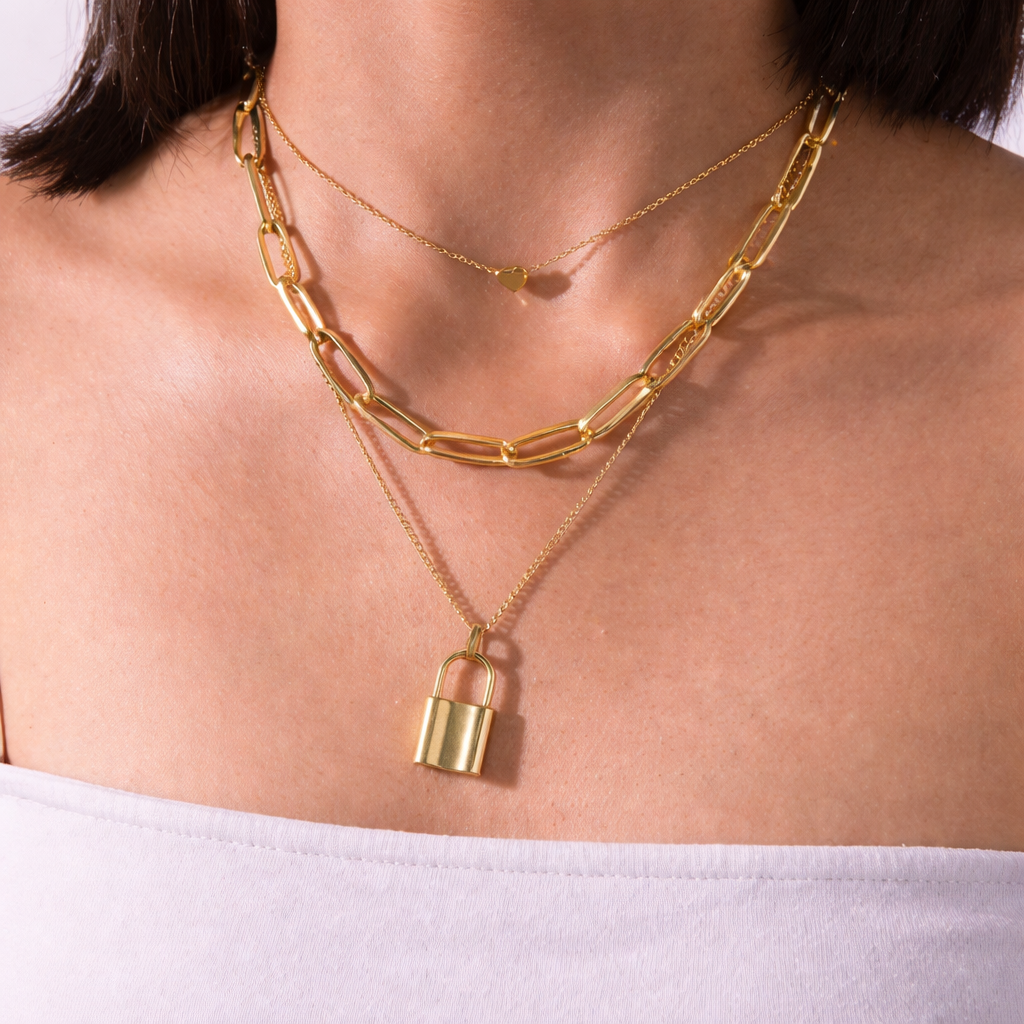 Golden Lock Charm Layered Necklace - Image 2