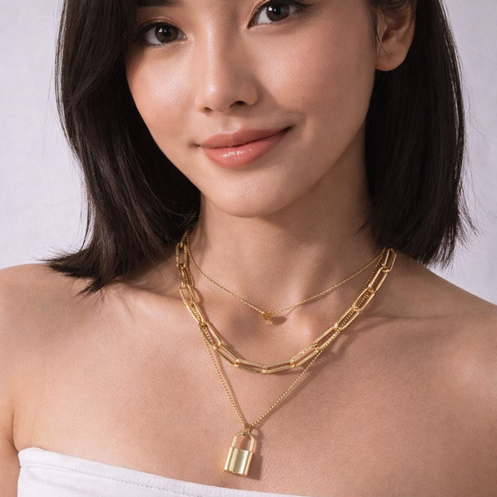 Golden Lock Charm Layered Necklace