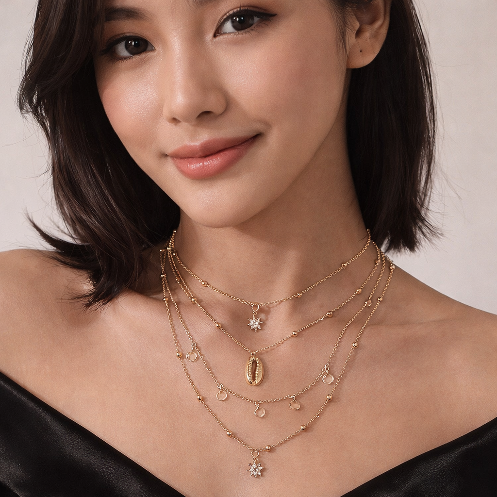 Celestial Shell Multi-Layer Gold Necklace