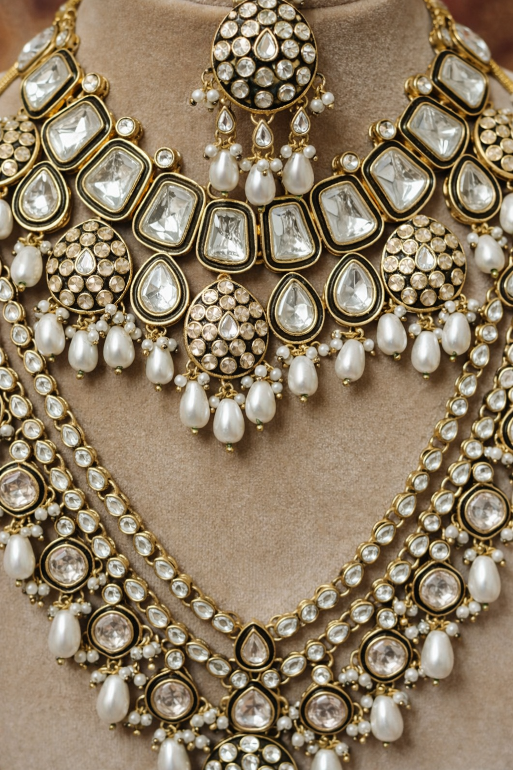 Royal Kundan Pearl Bridal Necklace Set - Image 2