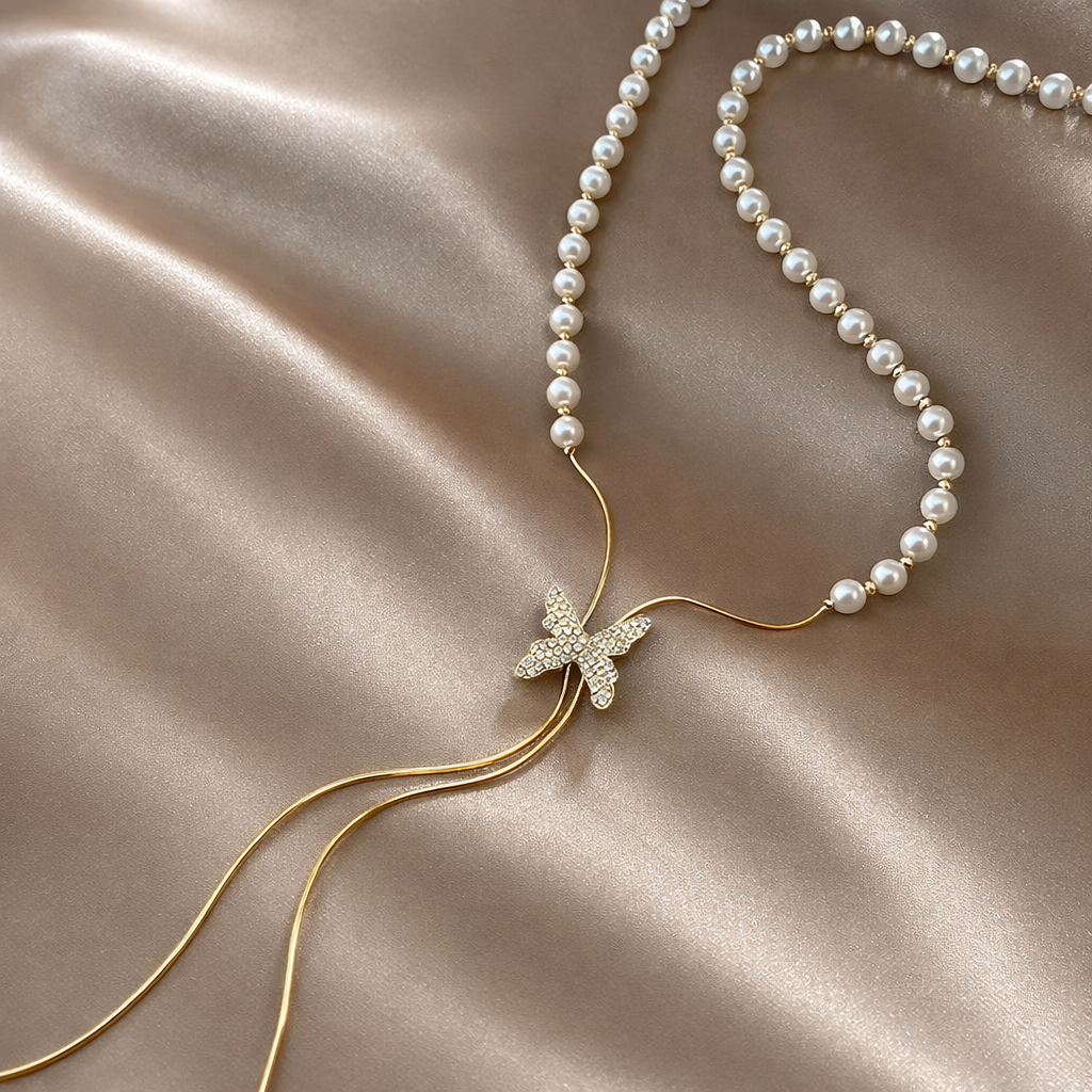 Butterfly Pearl Drop Necklace - Image 3