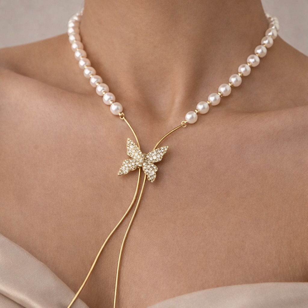 Butterfly Pearl Drop Necklace - Image 2