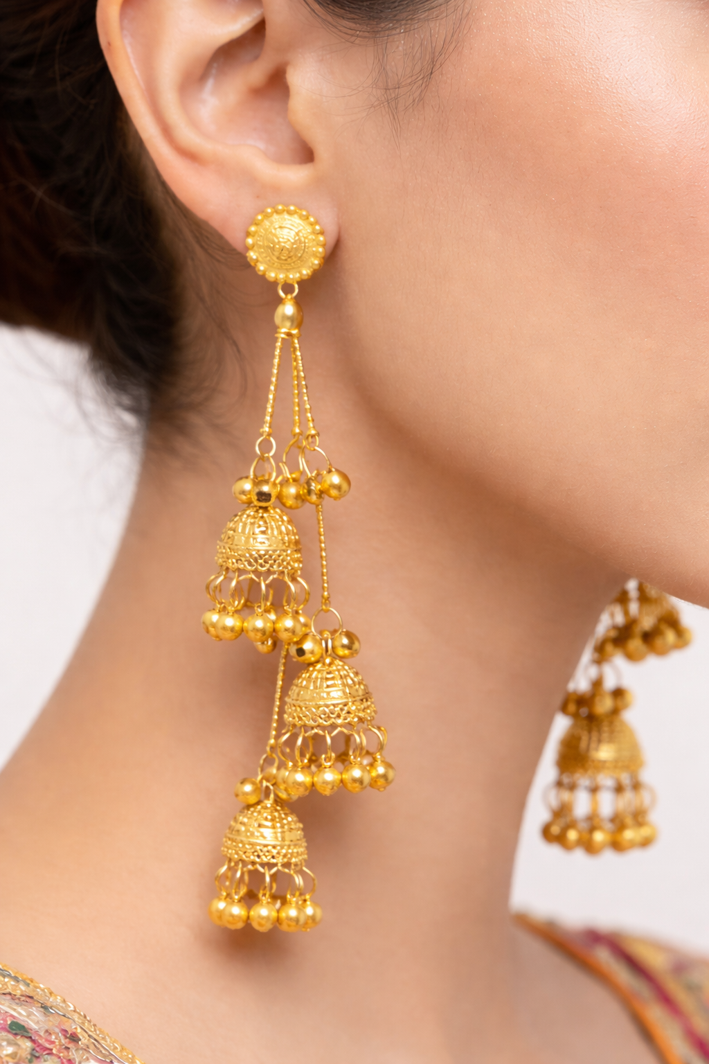 Royal Triple Jhumka Gold Earrings