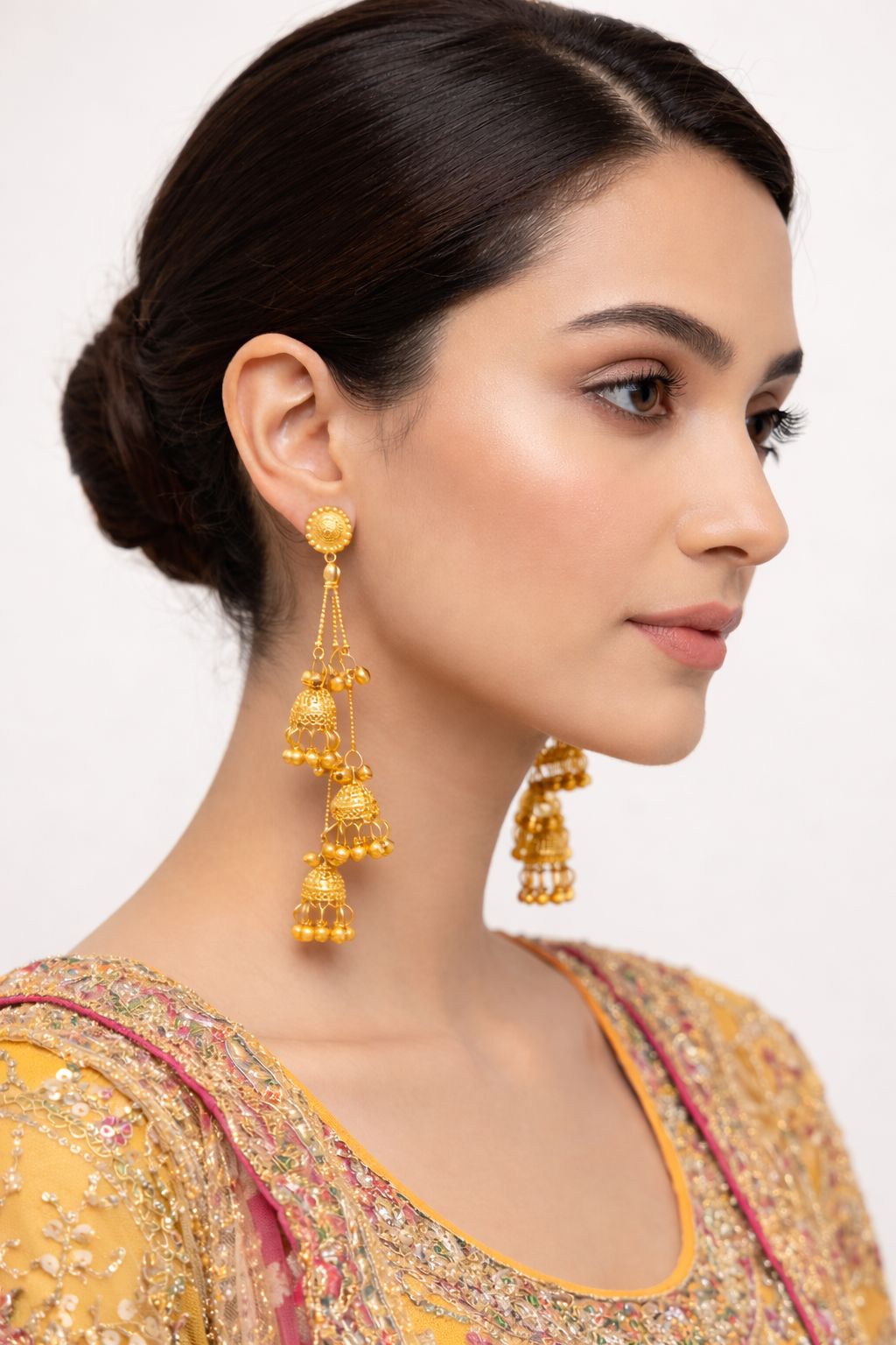 Royal Triple Jhumka Gold Earrings - Image 2