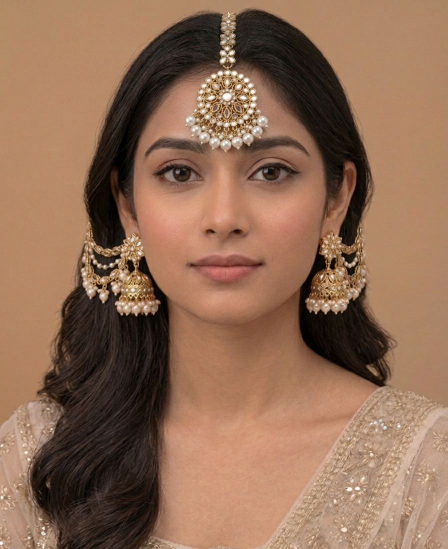 Pearl Radiance Kundan Chain Earrings and Mangtika Set - Image 2