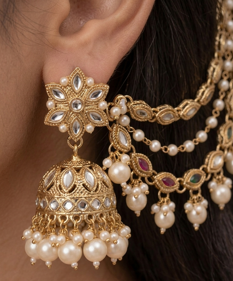 Pearl Radiance Kundan Chain Earrings and Mangtika Set - Image 3