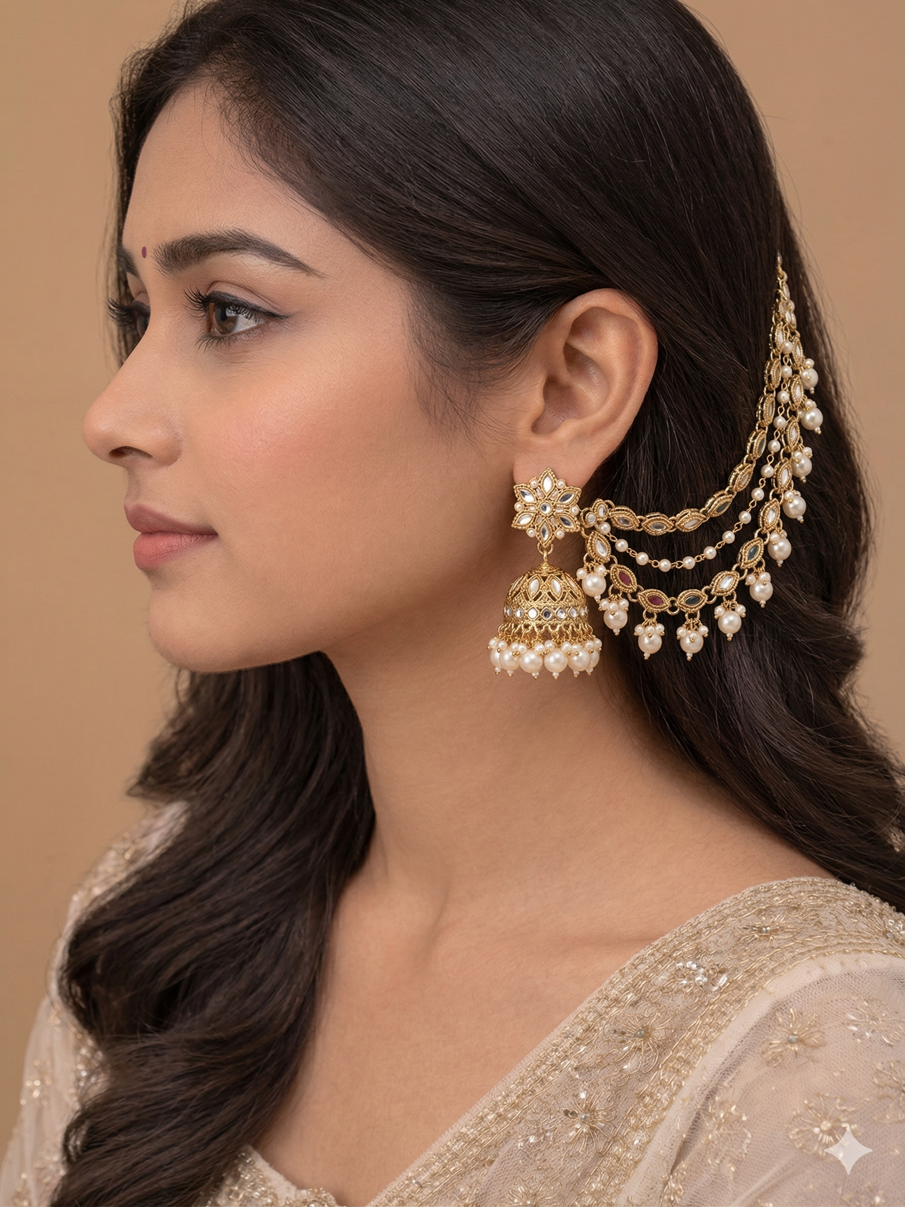 Pearl Radiance Kundan Chain Earrings and Mangtika Set
